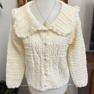 Cream Knit Women's Sweater cardigan big collar Sezane , Doen vibes